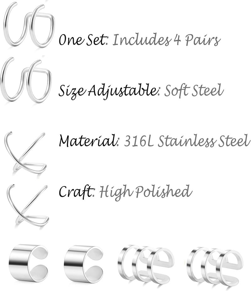 Tornito 4-10 Pairs Stainless Steel Ear Cuff Helix Cartilage Clip On Wrap Earrings Fake Nose Ring Non-Piercing Adjustable - Image 3